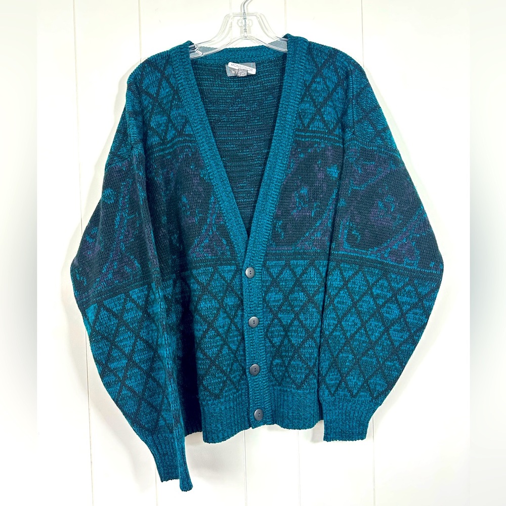 Vintage Sir William Sz L Cardigan Grandpa Sweater Mens Green Geometric Grunge